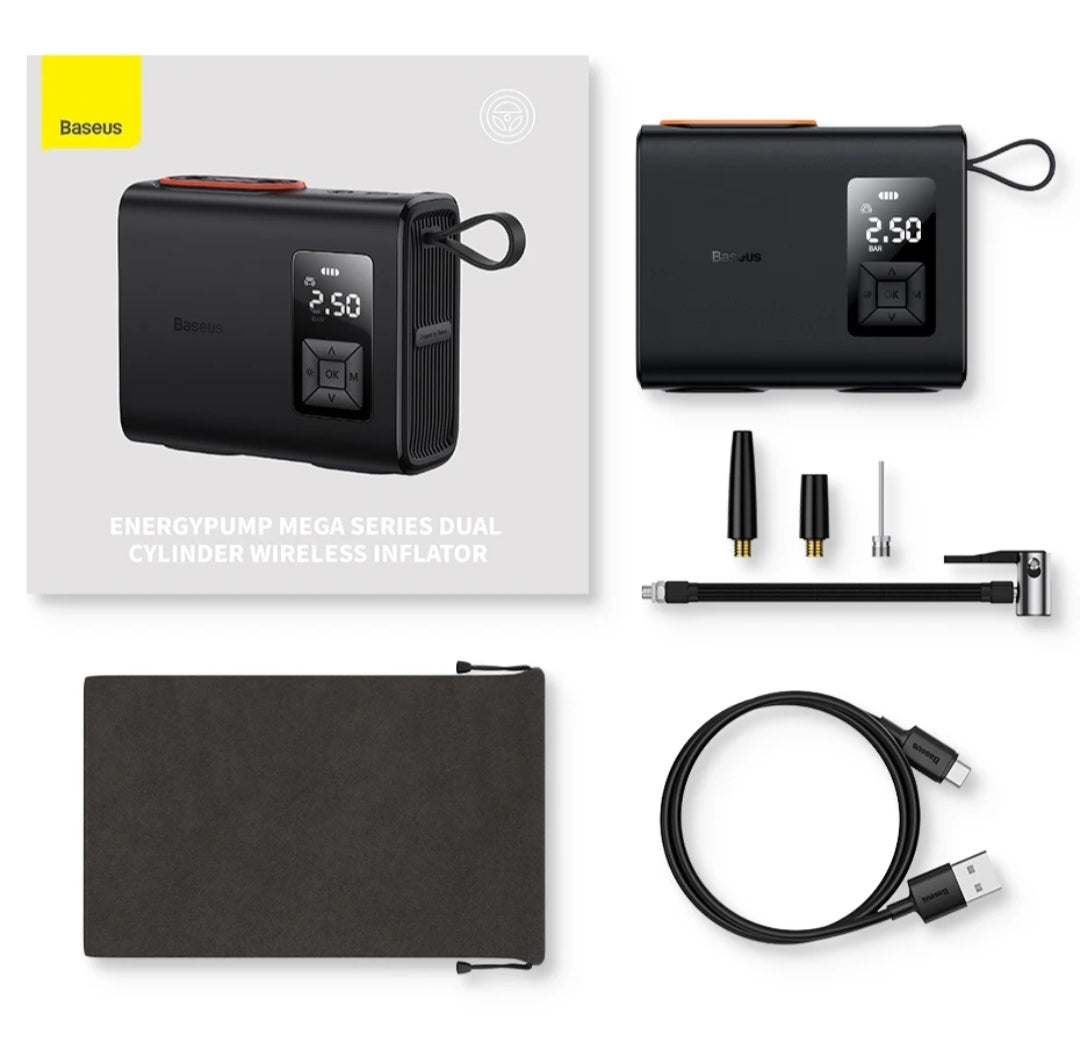 🌪 Επαναφορτιζόμενη Φορητή Τρόμπα Ελαστικών Baseus Mega EnergyPump 6000mAh με LED Φακό/ PowerBank!!