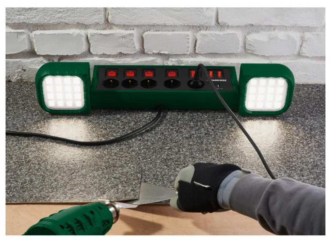 🔌🔦 Φωτισμός εργασίας PARKSIDE® LED »PASD 3680 A1«, με πολύπριζο 5 μπριζες με διακόπτη ON/OFF
