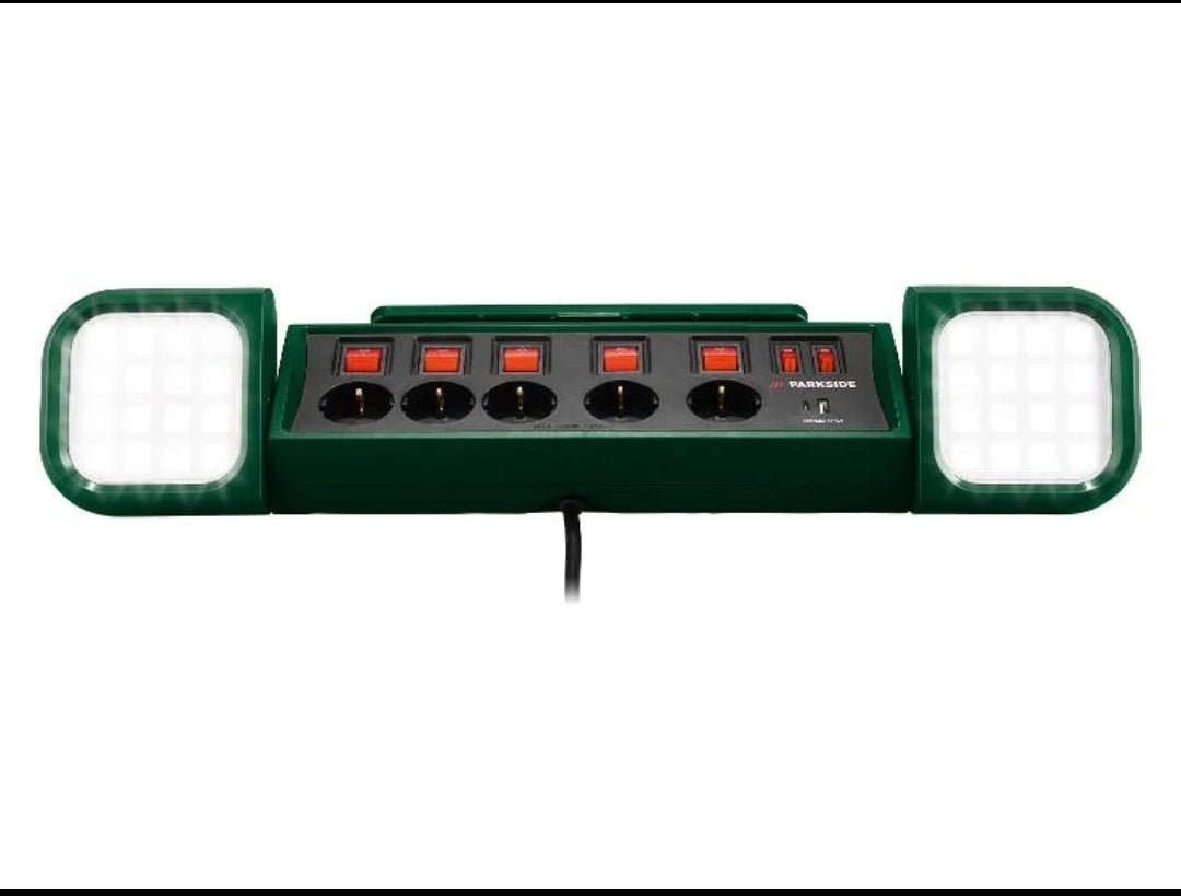 🔌🔦 Φωτισμός εργασίας PARKSIDE® LED »PASD 3680 A1«, με πολύπριζο 5 μπριζες με διακόπτη ON/OFF