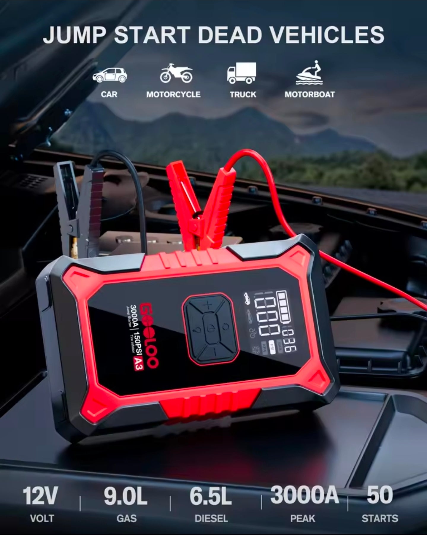 Εκκινητής Μπαταρίας 3000A & Αεροσυμπιεστής 150 PSI GOOLOO A3