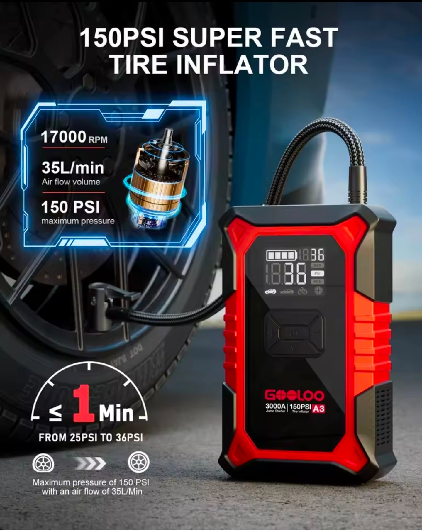 Εκκινητής Μπαταρίας 3000A & Αεροσυμπιεστής 150 PSI GOOLOO A3