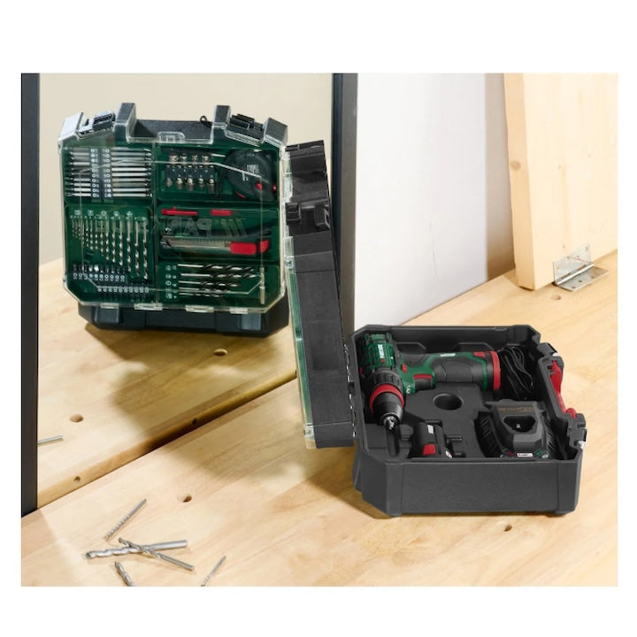 Σετ Δραπανοκατσάβιδο PARKSIDE 12V PBSA 12 E4 με 2 μπαταρίες, 1 φορτιστή και μεγάλη γκάμα εξαρτημάτων
